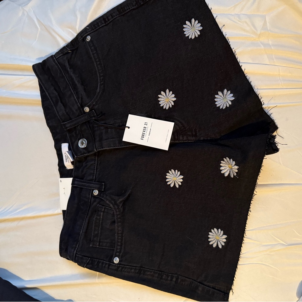 Forever 21 Black Denim Shorts with Daisy Embroidery